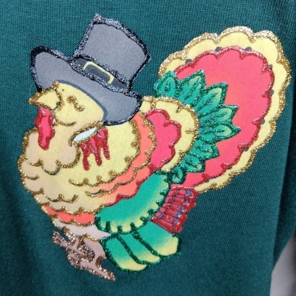 VTG 80s Thanksgiving Women's Plus OS Shirt Green Shoulder Pads Facade USA NWOT - Picture 5 of 9